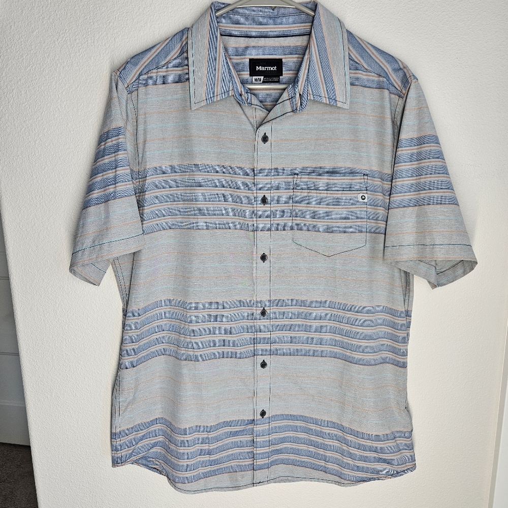 Marmot Mens‎ Short Sleeve Striped Button Down Shirt Blue Gray Size Medium